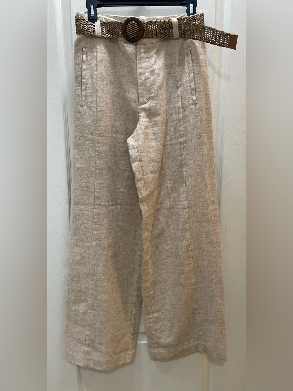 Zara Light Beige Wide-Leg Linen-Blend Pant with Woven Belt